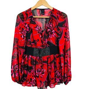 Bisou Bisou Empire Waist Tunic Top Blouse V Neck Long Sleeve Red Black - XS